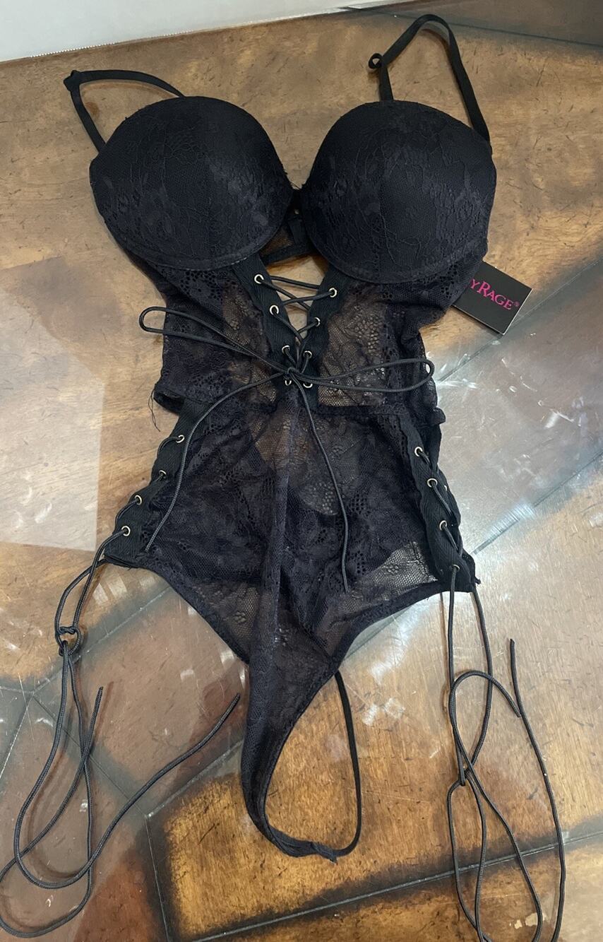 body rage lingerie small black Strappy Lace Up Thong Strings Dance Exotic